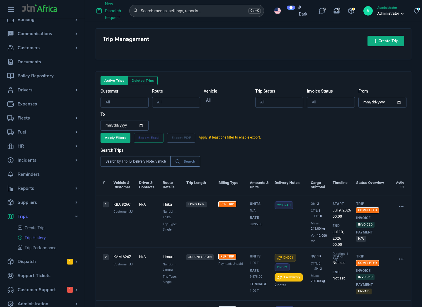 Trip management table with delivery, invoice, and payment status