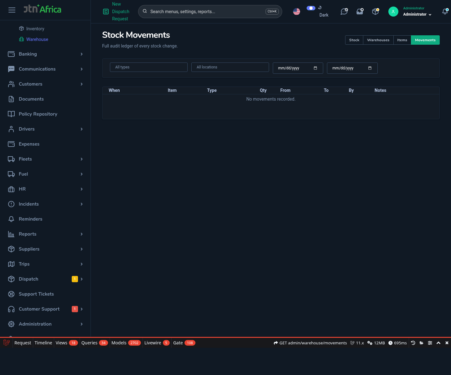 Warehouse movement ledger screen