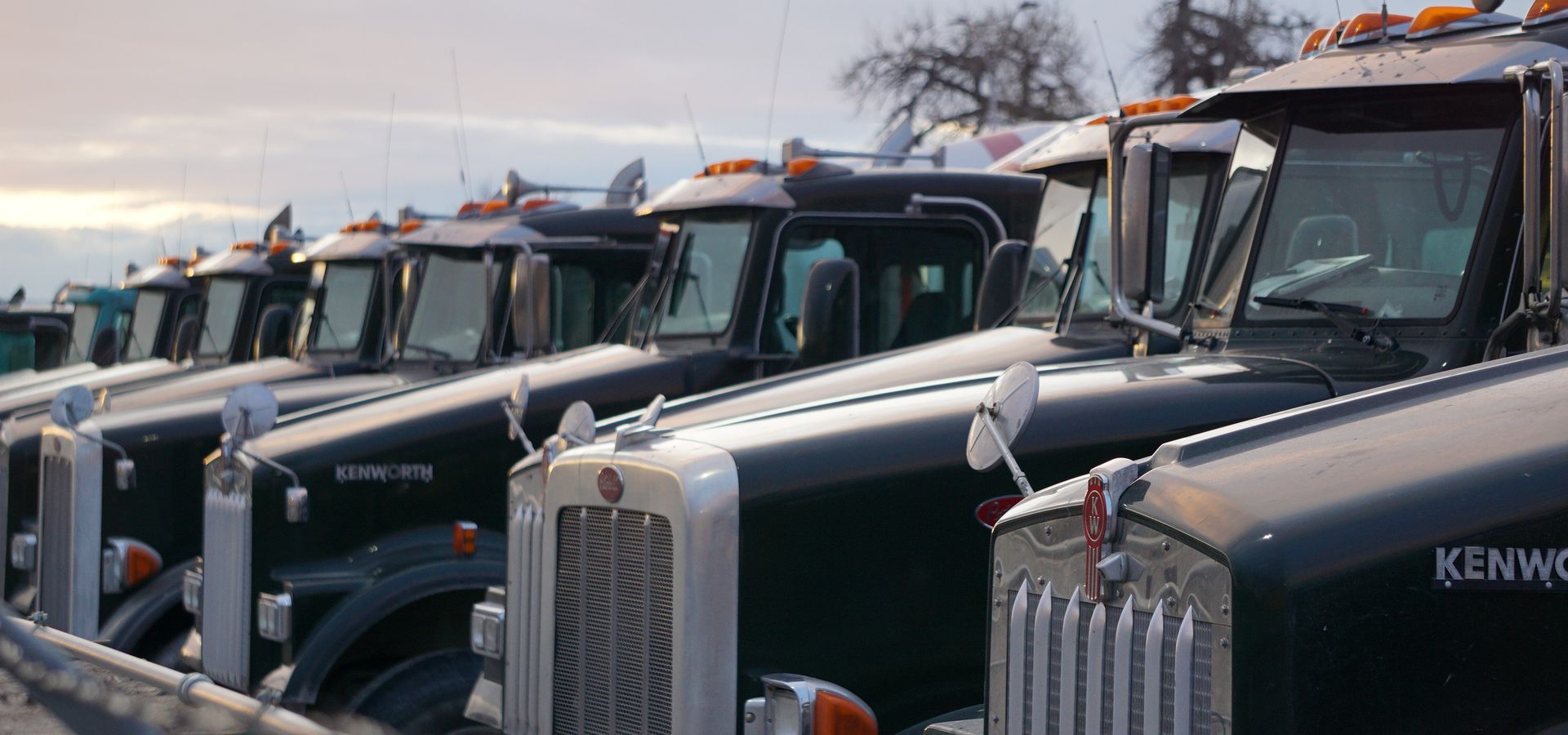 Fleet of heavy goods vehicles lined up at a depot